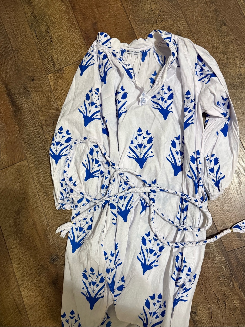 White and Blue Floral Cotton dress with Braided Tie LARGE